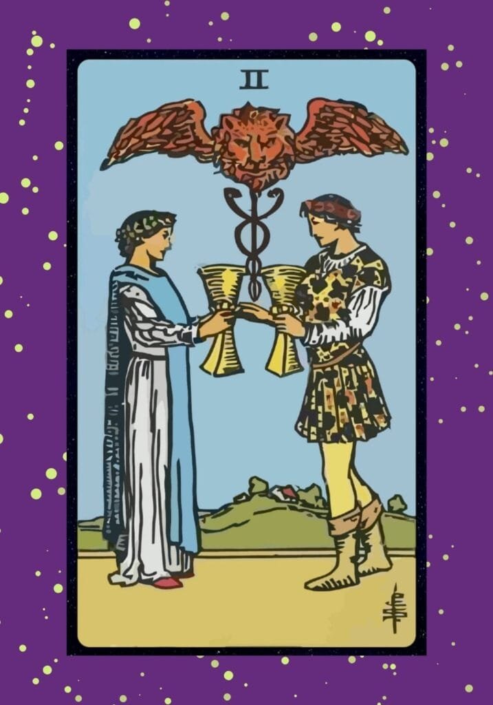 Upright Two of Cups tarot card – a man and woman exchange cups in a loving gesture, symbolizing unity, mutual respect, and harmonious relationships.