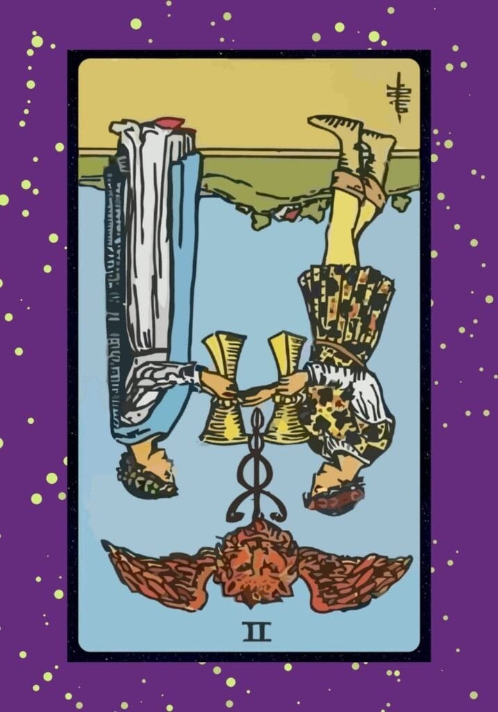 Reversed Two of Cups tarot card – symbolizing imbalance, emotional disconnection, or breakup in romantic or close partnerships.