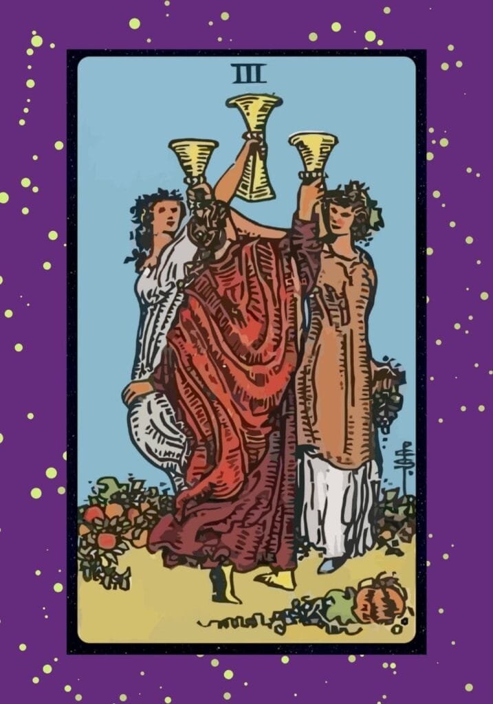 Upright Three of Cups tarot card – three women raise their cups in celebration, dancing together, symbolizing friendship, abundance, and joyful gatherings.