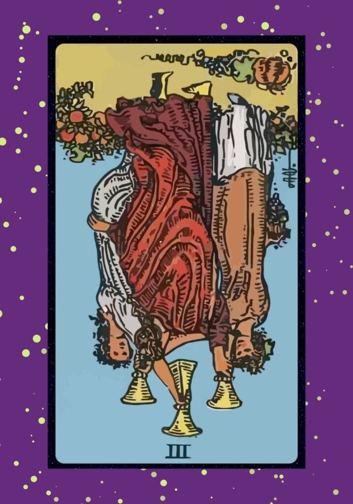 Reversed Three of Cups tarot card – symbolic of broken friendships, gossip, overindulgence, or cancelled celebrations.