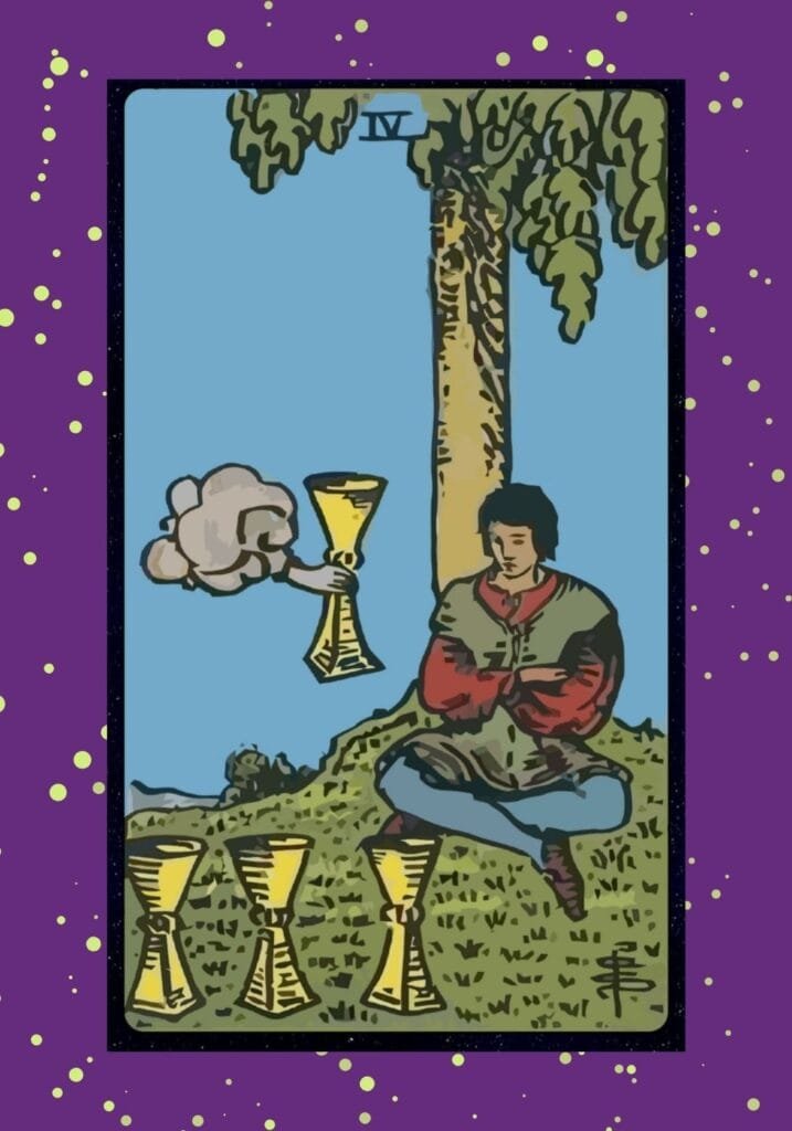 Upright Four of Cups tarot card – a person sits beneath a tree, deep in thought, ignoring a fourth cup offered from a cloud, symbolizing apathy and introspection.