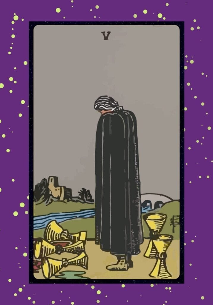Upright Eight of Cups tarot card – a figure walks away from a stack of golden cups under moonlight, symbolizing abandonment, introspection, and the search for deeper meaning.