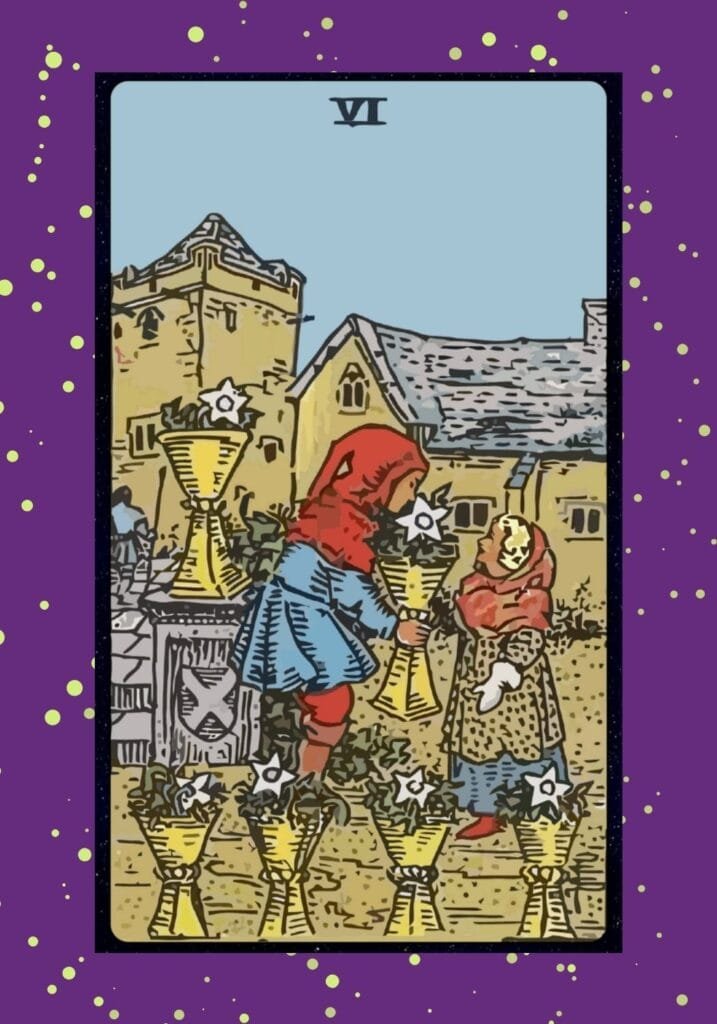 Upright Six of Cups tarot card – two children share a flower-filled cup in a peaceful courtyard, symbolizing nostalgia, childhood joy, kindness, and emotional innocence.