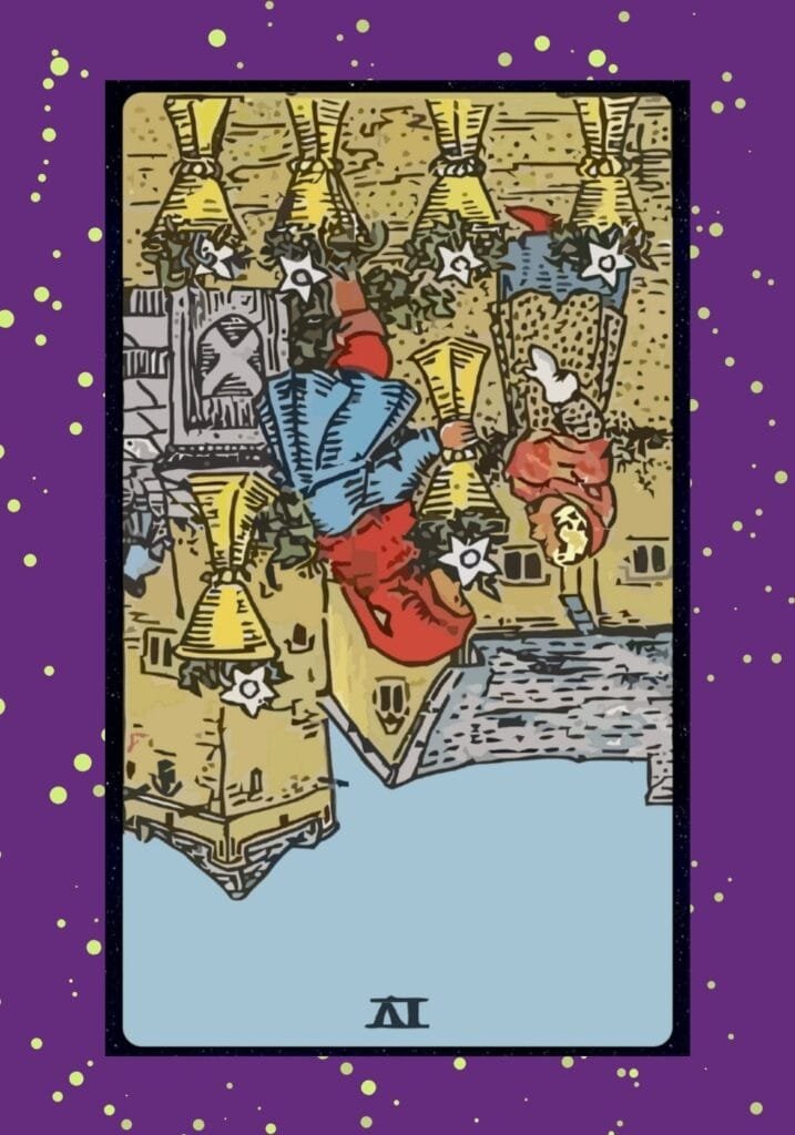 Reversed Six of Cups tarot card – symbolizing moving on from the past, emotional maturity, resolving childhood trauma, and focusing on the present.