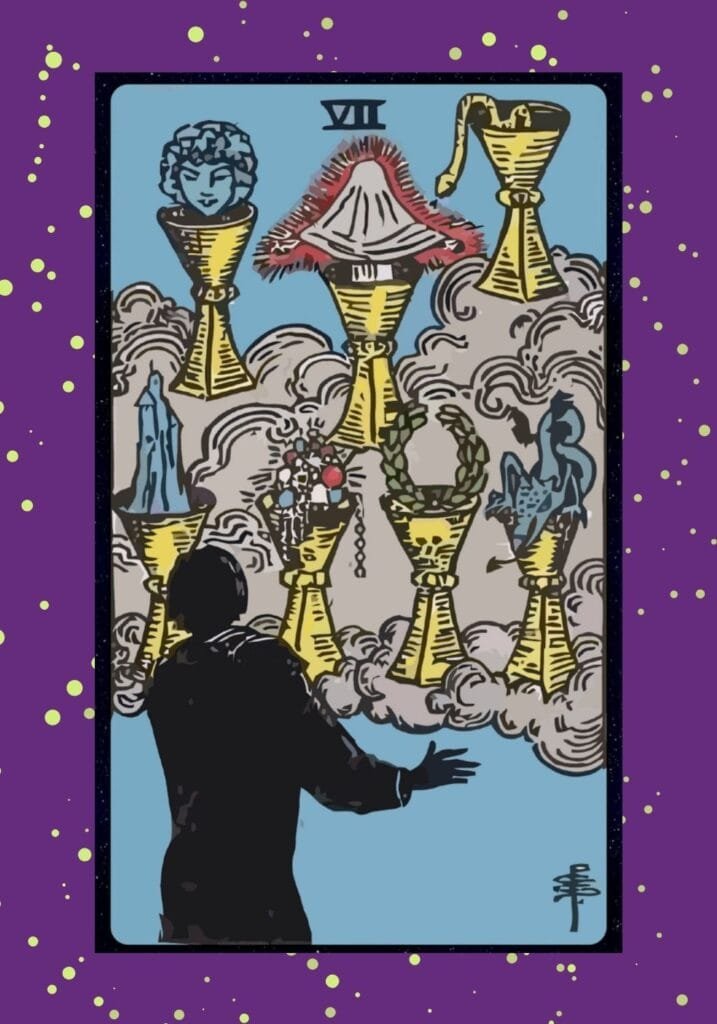 Upright Seven of Cups tarot card – a man gazes at seven floating cups filled with various objects, symbolizing choices, illusions, dreams, and overwhelming possibilities.