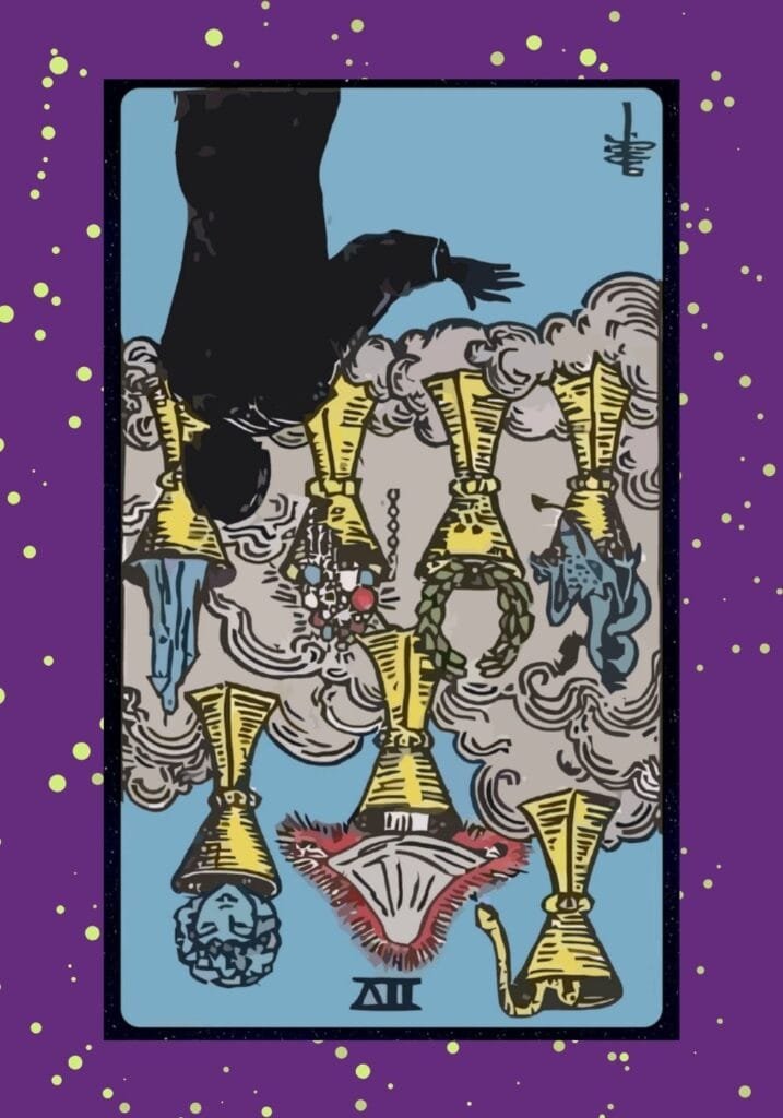 Reversed Seven of Cups tarot card – representing clarity after confusion, grounded decision-making, and the return from illusion to reality.