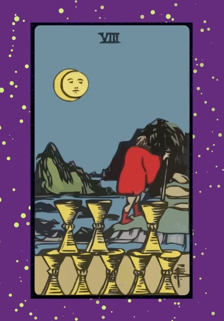 Upright Eight of Cups tarot card – a solitary figure walks away from eight cups beneath a moonlit sky, symbolizing emotional departure, self-discovery, and spiritual transition.