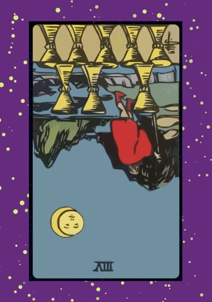 Reversed Eight of Cups tarot card – representing fear of letting go, emotional stagnation, and the opportunity to reclaim personal power and direction.