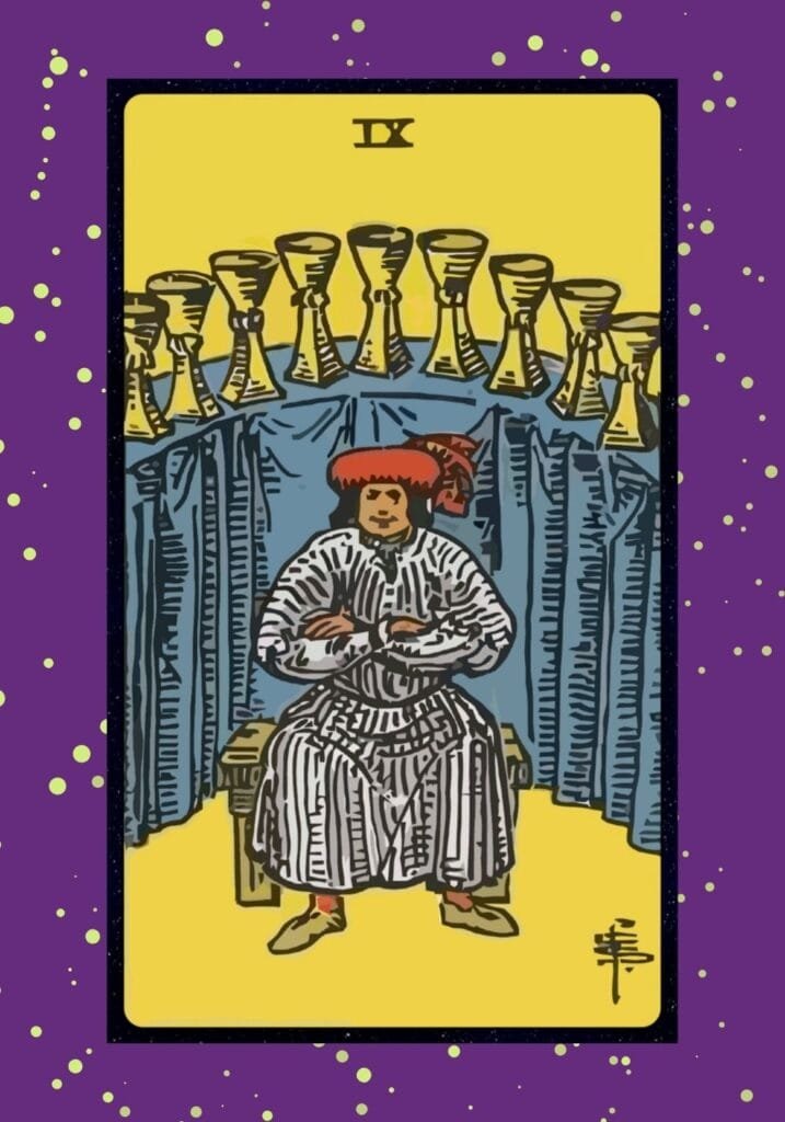 Upright Nine of Cups tarot card – a contented figure sits proudly before nine golden cups, symbolizing emotional fulfillment, wishes coming true, and joyful success.