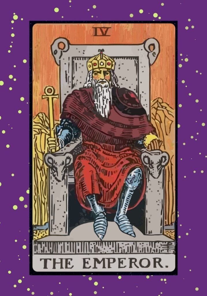 Rider-Waite style Emperor tarot card upright – a regal, bearded man seated on a stone throne, holding a sceptre and orb, symbolising authority and leadership.
