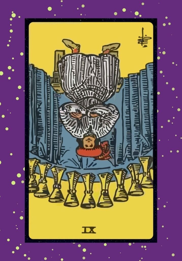 Reversed Nine of Cups tarot card – representing disappointment, superficial happiness, emotional emptiness, and lessons about true inner satisfaction.