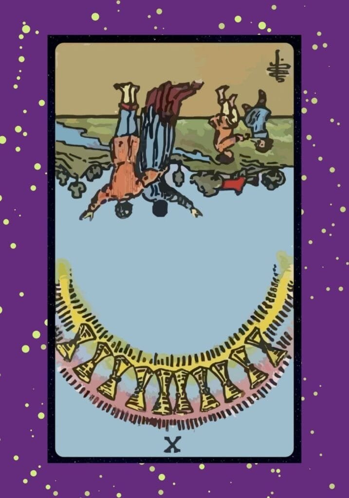 Reversed Ten of Cups tarot card – representing emotional disharmony, family conflict, and struggles to maintain inner or domestic peace, with deeper truths waiting to be acknowledged.