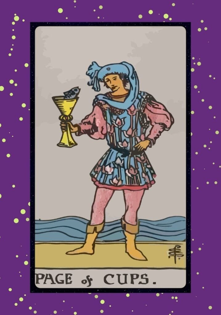 Upright Page of Cups tarot card – a youthful figure with a whimsical cup containing a fish, symbolizing emotional beginnings, inner child healing, and unexpected inspiration.