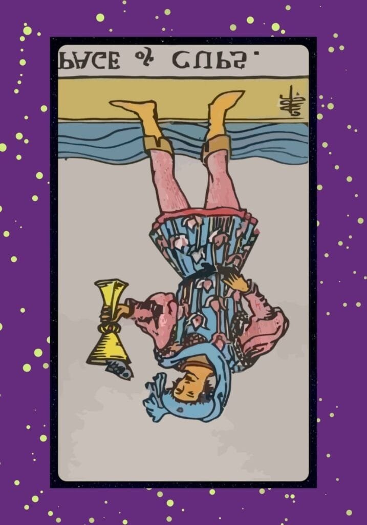 Reversed Page of Cups tarot card – indicating emotional vulnerability, creative blocks, unreciprocated feelings, or unresolved childhood trauma.