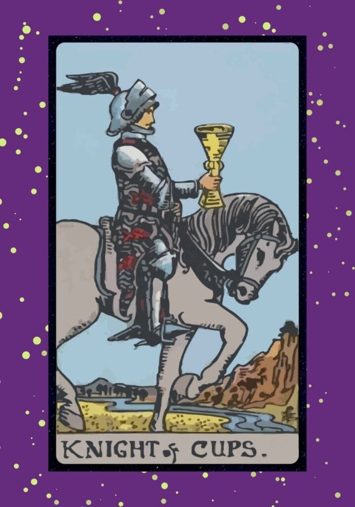 Upright Knight of Cups tarot card – a knight on a white horse holding a cup, symbolizing romantic proposals, emotional action, and creative charm.