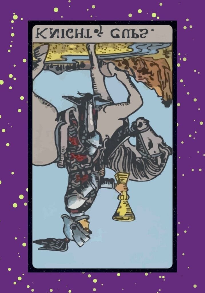 Reversed Knight of Cups tarot card – representing disappointment, manipulation, emotional turmoil, or failed romantic gestures.