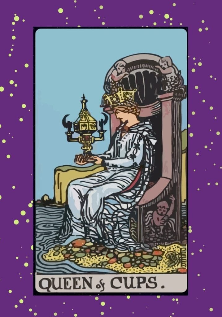 Upright Queen of Cups tarot card – a serene queen by the ocean, symbolizing empathy, emotional intelligence, nurturing energy, and spiritual depth.