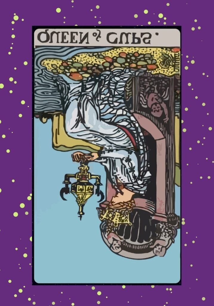 Reversed Queen of Cups tarot card – indicating emotional imbalance, neediness, manipulation, or blocked intuition.
