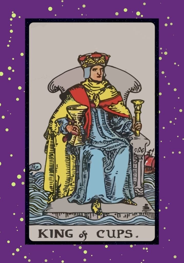 Upright King of Cups tarot card – a composed king on his throne surrounded by water, symbolizing emotional mastery, compassion, and calm leadership.
